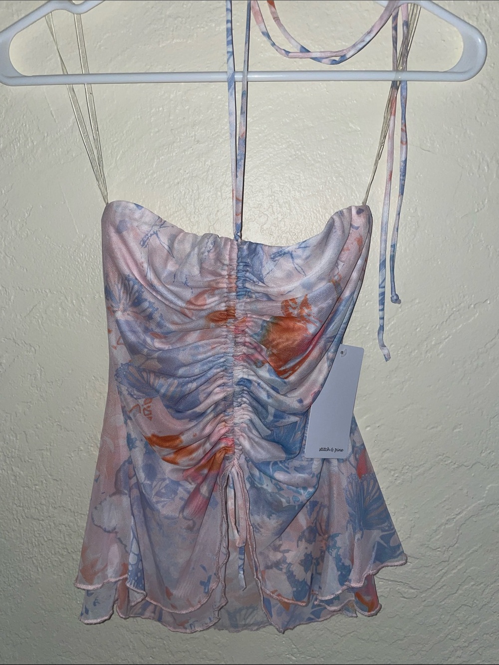 Ruched Floral Halter Tank Top in Pastel Pink and Blue